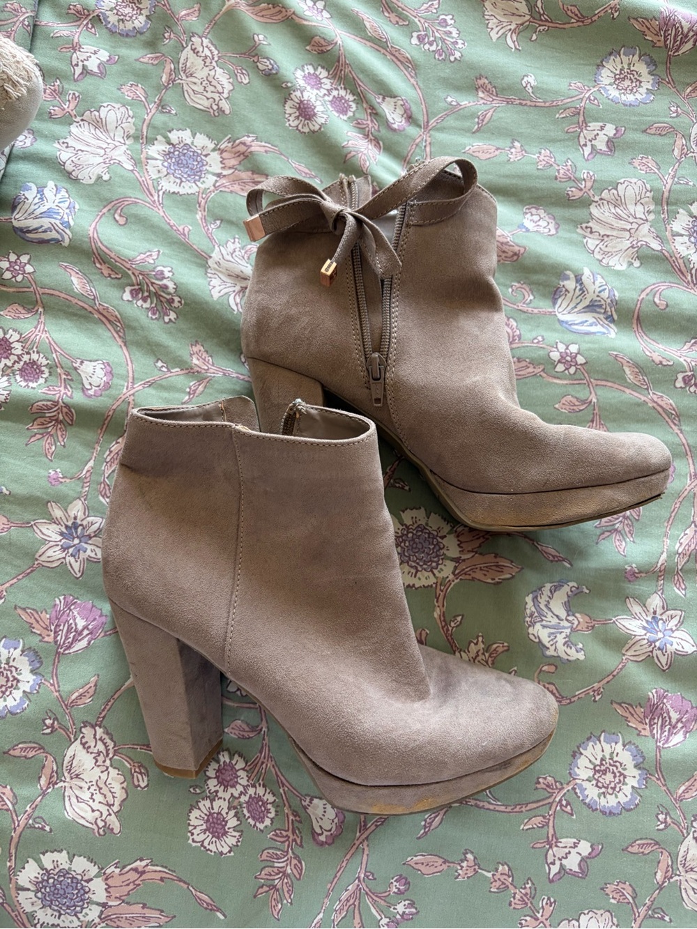 LC Lauren Conrad Taupe Suede Ankle Booties with Bow Accent